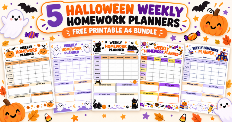 5 Halloween Weekly Homework Planners for Kids – Free Printable A4 Bundle